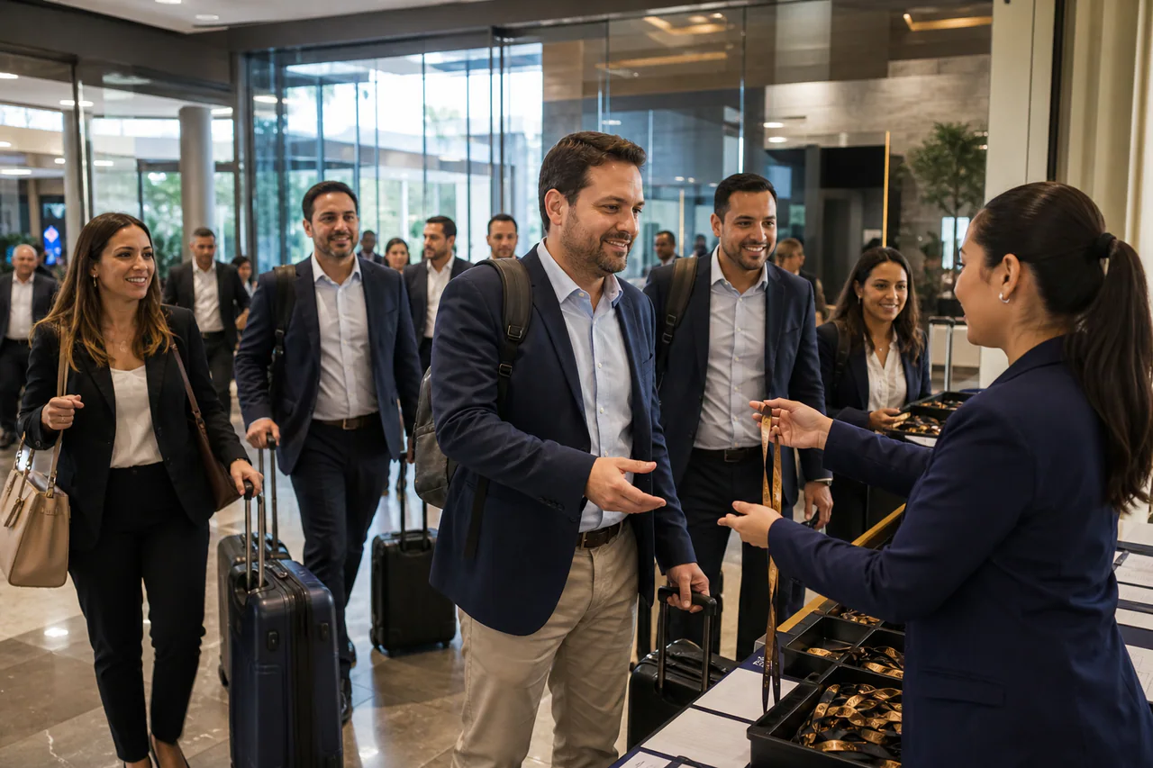 Grupo corporativo sendo orientado durante a chegada a um evento