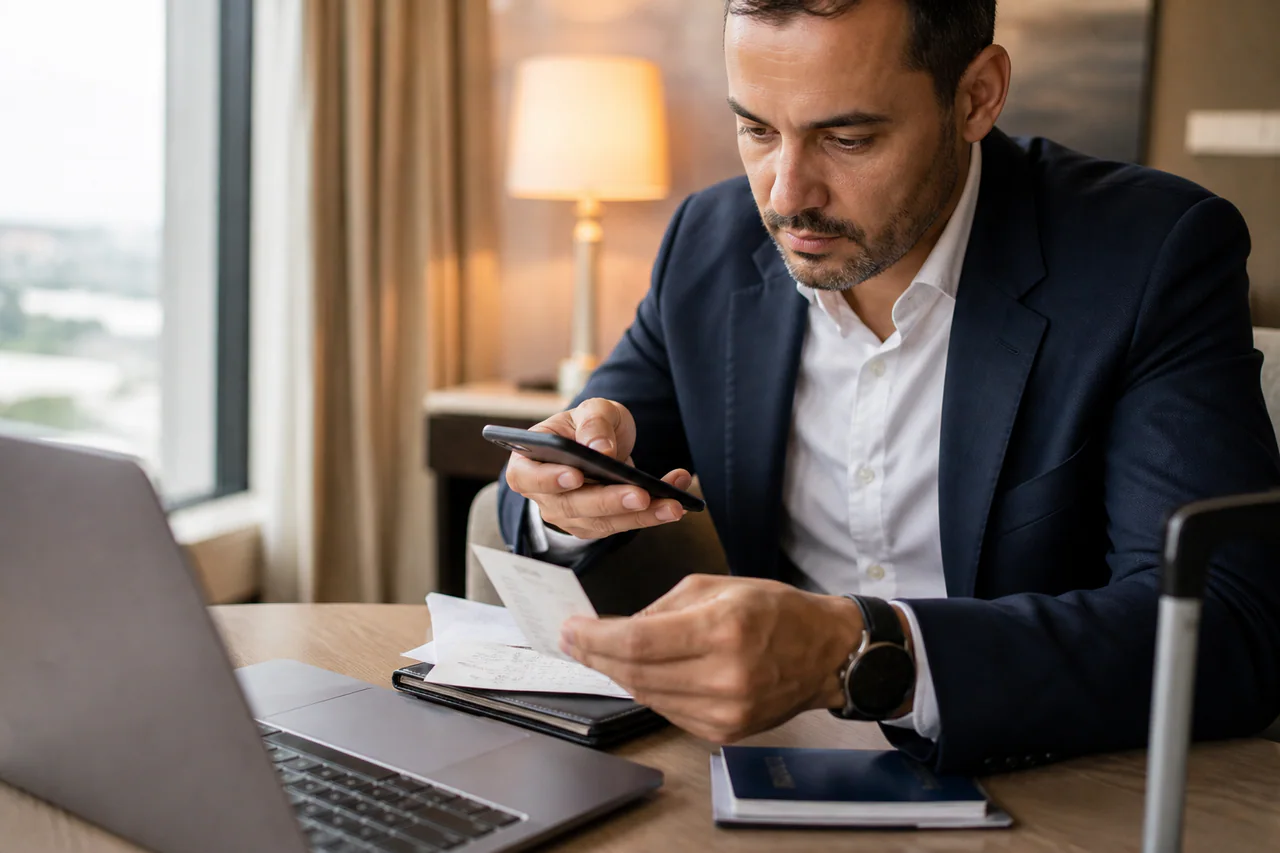 Viajante registrando um comprovante para solicitar reembolso